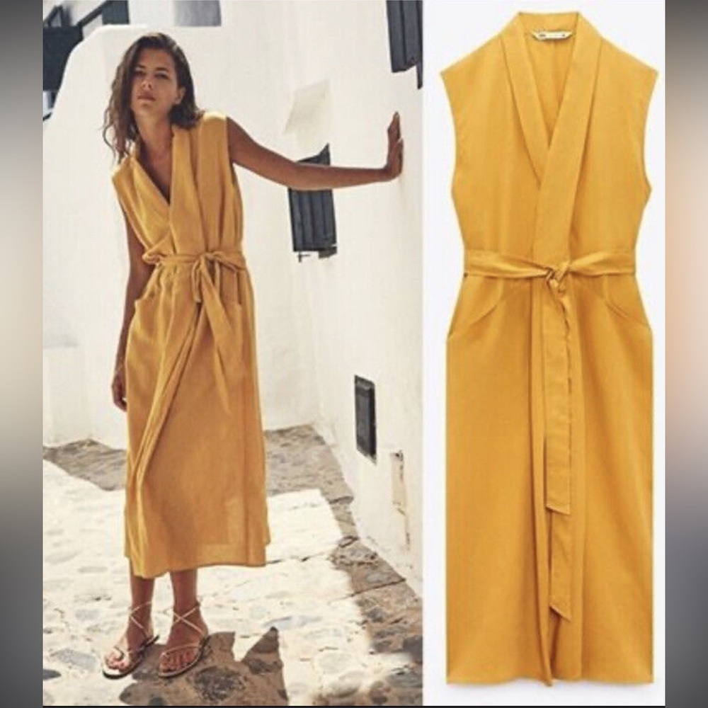 Zara limited edition linen belted midi dress
